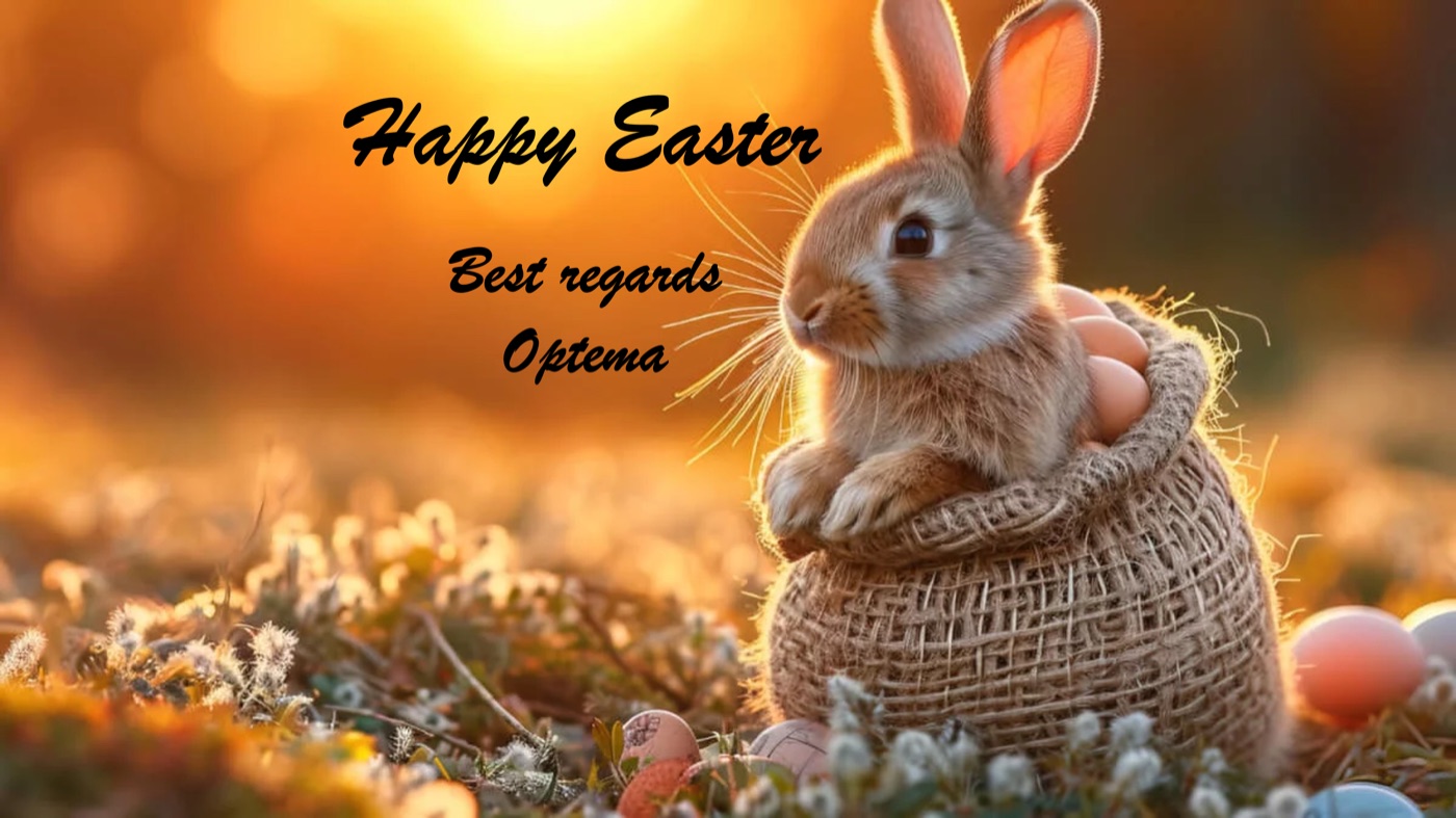 Easter greeting from Optema — a rabbit with Easter eggs